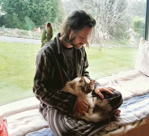 Jacob w/ Willow the cat &amp; Keto the parakeet